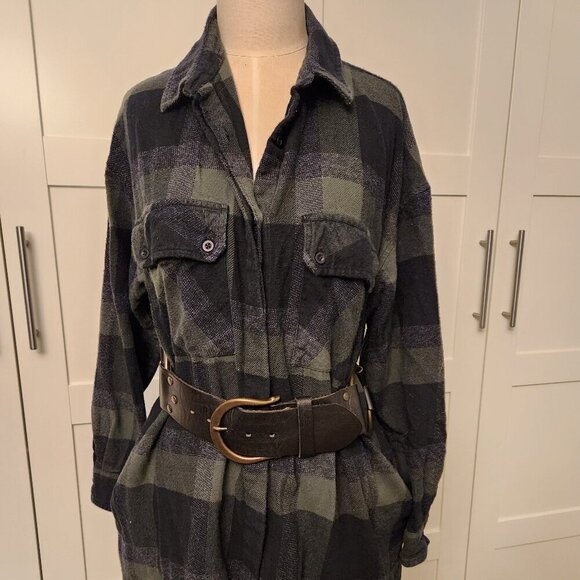 French Connection Dresses & Skirts - French Connection Plaid Flannel Shirt Dress Tie Belt Green Blue Medium